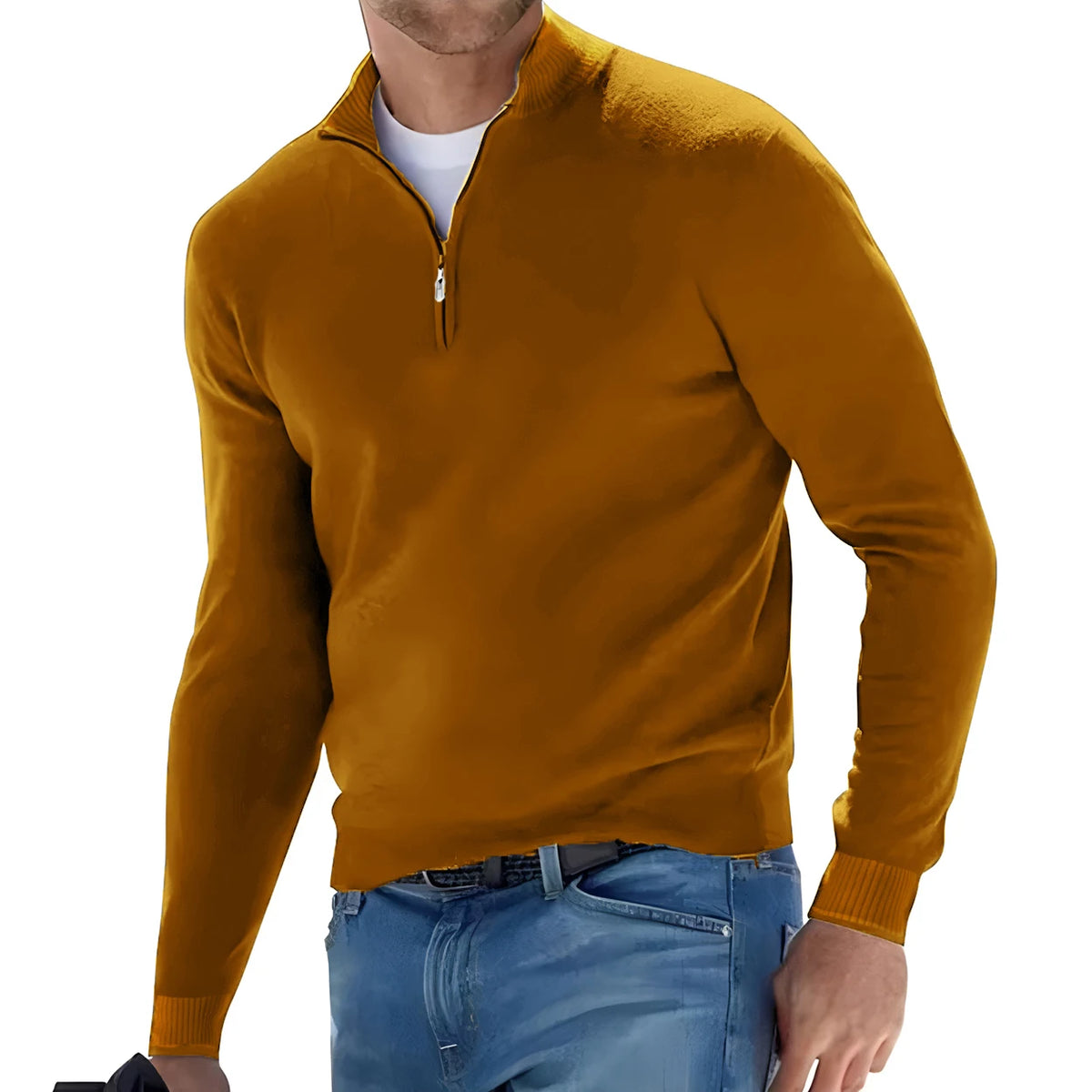 New Men's Long Sleeve Pullover Solid Color Half Zipper Sweaters V-neck