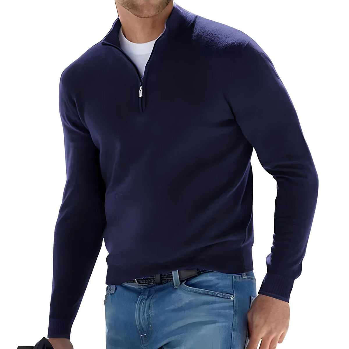 New Men's Long Sleeve Pullover Solid Color Half Zipper Sweaters V-neck