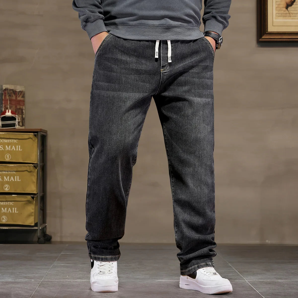 Extra Big Size Jeans Men High Elastic Waist Baggy Denim Pant