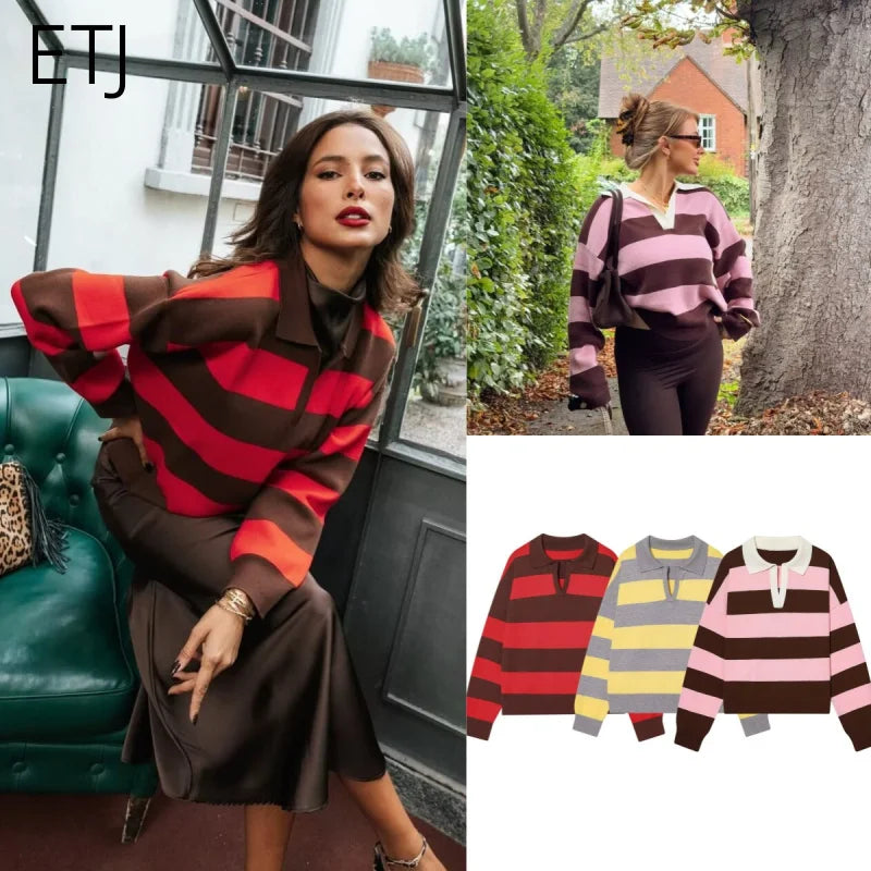  Wide Stripe Polo Neck Loose Version of Long-Sleeved Sweater