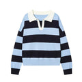  Wide Stripe Polo Neck Loose Version of Long-Sleeved Sweater