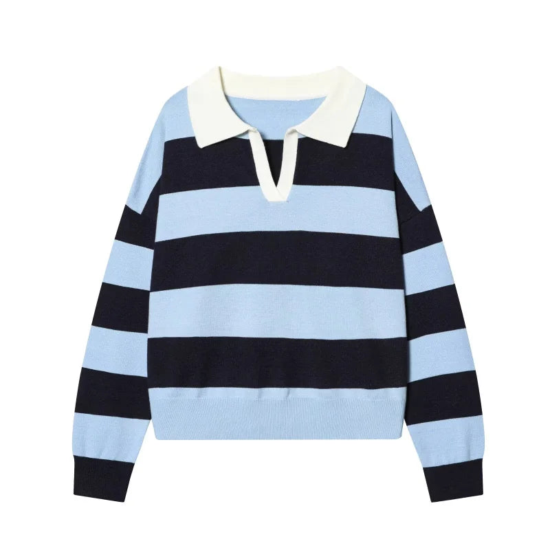  Wide Stripe Polo Neck Loose Version of Long-Sleeved Sweater