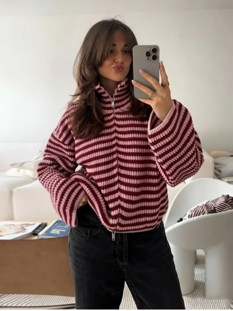  New Spring Striped Loose Knit Cardigans Women Casual Turtleneck