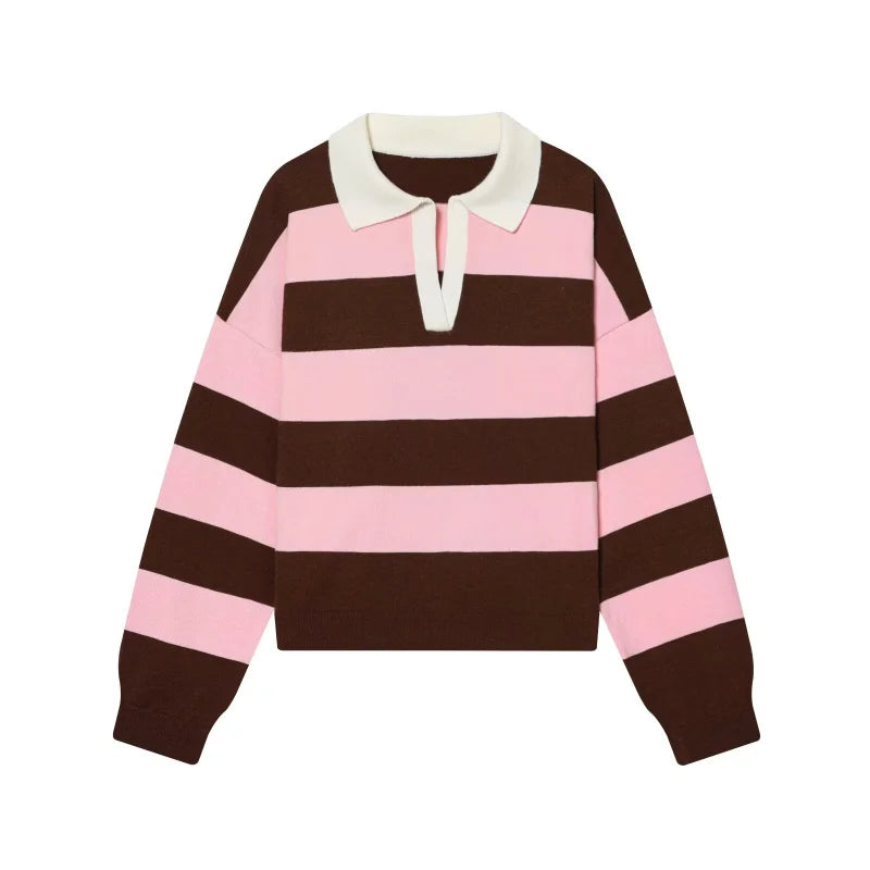  Wide Stripe Polo Neck Loose Version of Long-Sleeved Sweater